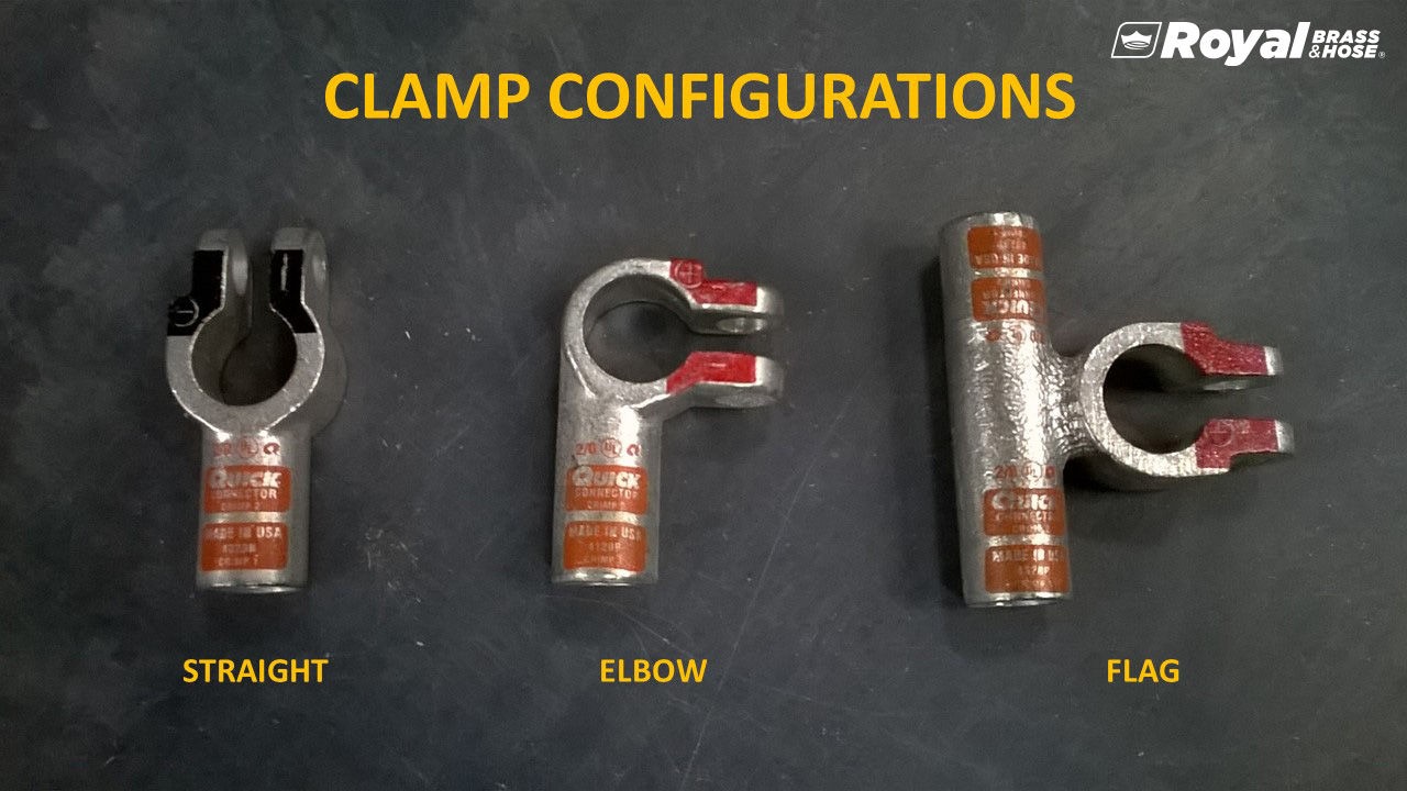  Three different types of metal clamps used for battery cables, each labeled with its configuration. From left to right, the clamps are labeled "STRAIGHT," "ELBOW," and "FLAG." The straight clamp is oriented vertically, the elbow clamp has a 90-degree bend, and the flag clamp has a perpendicular extension. Each clamp has a copper connection point and is branded with the Royal Brass and Hose logo, which is also displayed in the top right corner. The title at the top of the image reads "CLAMP CONFIGURATIONS."