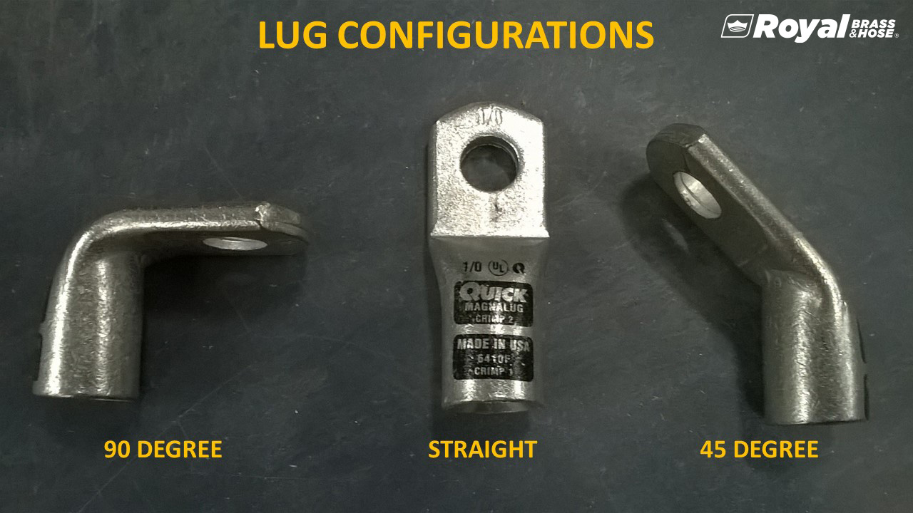 Three different types of metal lugs used for battery cables, each labeled with its configuration. From left to right, the lugs are labeled "90 DEGREE," "STRAIGHT," and "45 DEGREE." The 90-degree lug is bent at a right angle, the straight lug is oriented vertically, and the 45-degree lug is angled halfway between the other two. The title at the top of the image reads "LUG CONFIGURATIONS."