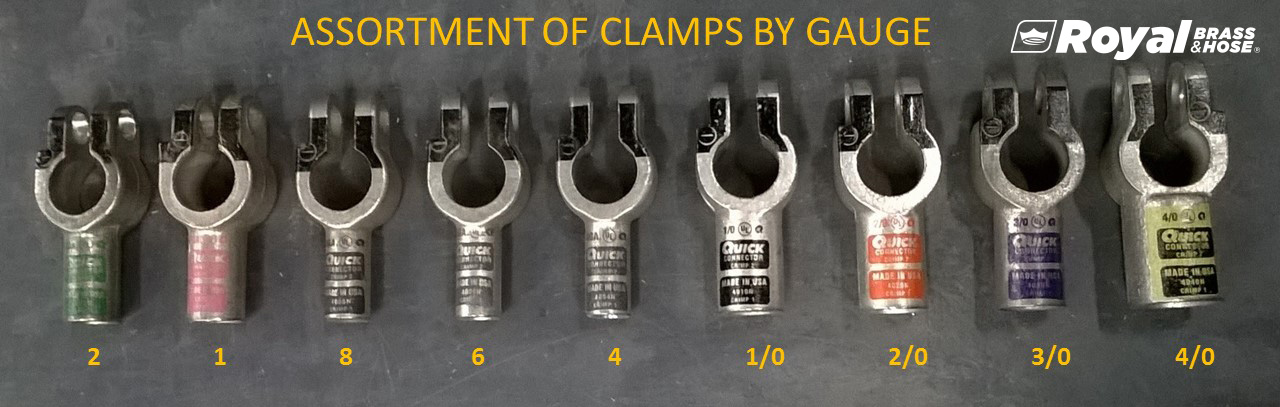  An assortment of metal clamps organized by gauge size, each labeled with a different color and gauge number. From left to right, the clamps are labeled 2, 1, 8, 6, 4, 1/0, 2/0, 3/0, and 4/0. Each clamp has a distinct color-coded band indicating its gauge: green for 2, pink for 1, black for 8 and 6, yellow for 4, red for 1/0, orange for 2/0, brown for 3/0, and purple for 4/0. The title at the top of the image reads "ASSORTMENT OF CLAMPS BY GAUGE," and the clamps are laid out on a dark, smooth surface to clearly display their size and color coding.