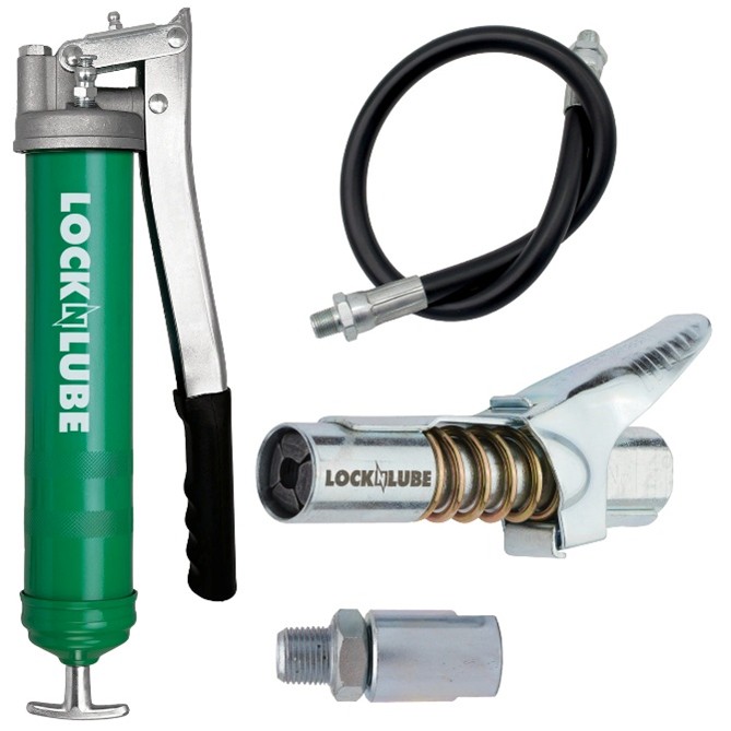 LockNLube grease gun kit with green lever-action grease gun, flexible hose, grease coupler, and adapter fittings.