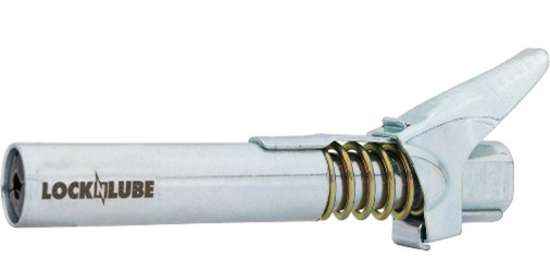 LockNLube XL grease gun coupler with extended body, spring-loaded jaws, and lever handle.
