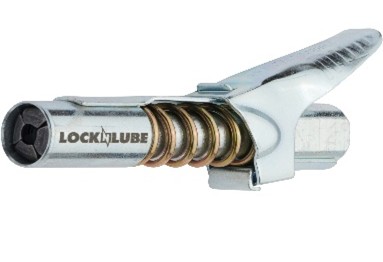 "LockNLube grease gun coupler with spring-loaded jaws and lever handle